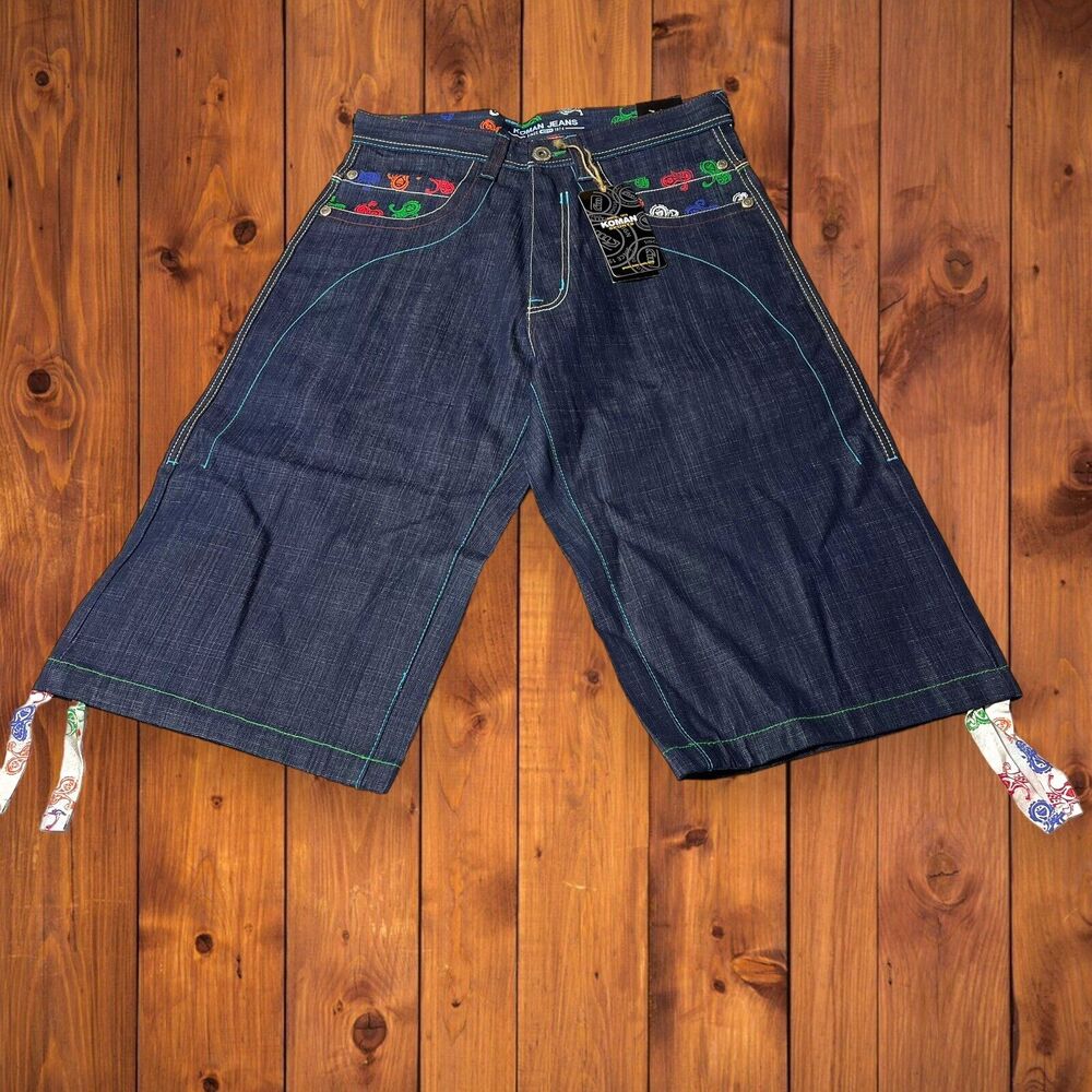 Vtg NWT Sz 32 Koman Denim Blue Jeans Shorts Embellished Pockets Y2K Hip Hop